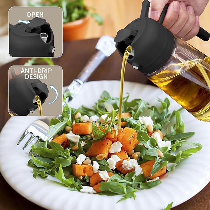 16oz/470ml Glass Olive Oil Sprayer for Cooking - 2 in 1 Olive Oil Dispenser for Kitchen Gadgets, Air Fryer, Salad, and BBQ - Black