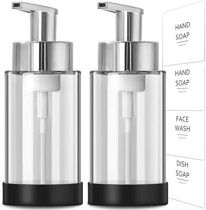RYTOXILO Glass Soap Dispenser, 10 oz/300ml Foaming Soap Dispenser, 2 Pack Foaming Hand Dispenser with 2 Non-Slip Silicone Bottom Sleeve, Clear Refillable Foam Soap Bottle with Silver Pump