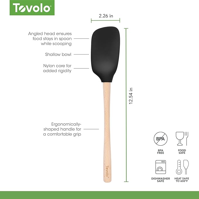 Tovolo Silicone Spoonula Silicone Spoon Spatula With Wooden Handle for Cooking Mixing Baking, Large Heat Resistant Multifunction Spatula Cooking Spoon Wood Handle Kitchen Utensil Black