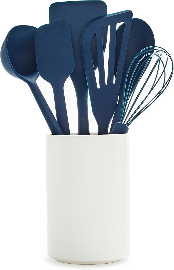 GreenPan Silicone 6 Piece Cooking Utensil Set & Holder, Spoon, Spatulas, Whisk, Ladle, Flexible Nonstick Kitchen Tools, Steel Core Heat-Resistant Anti-Slip Handle BPA-Free Dishwasher Safe, Oxford Blue
