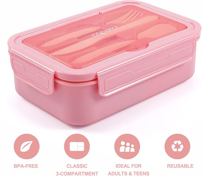 Caperci Classic Bento Box Adult Lunch Box for Older Kids - Leakpoof 47 oz 3-Compartment Lunch Containers for Adults and Teens, Built-in Utensil Set