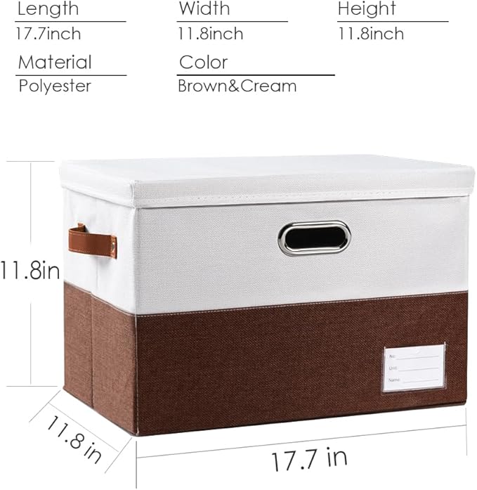 PRANDOM Foldable Storage Bins with Lids [3-Pack] Fabric Collapsible Storage Boxes Baskets Cubes Containers with Handles for Closet Living Room Bedroom (Brown & White 17.7x11.8x11.8'')