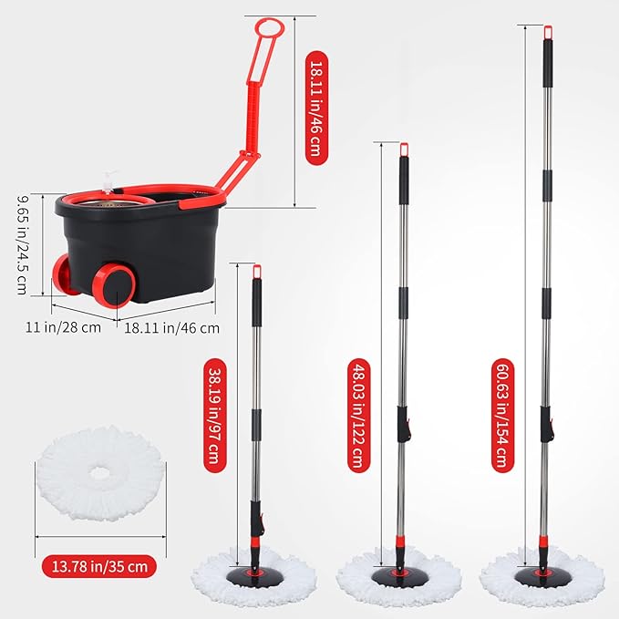 Spin Mop Bucket with Wringer Set, 360° Mop Bucket Floor Cleaning System with 3 Microfiber Replacement Mop Head Refills, 61" Adjustable Stainless Steel Handle, 2X Wheel for Home Cleaning