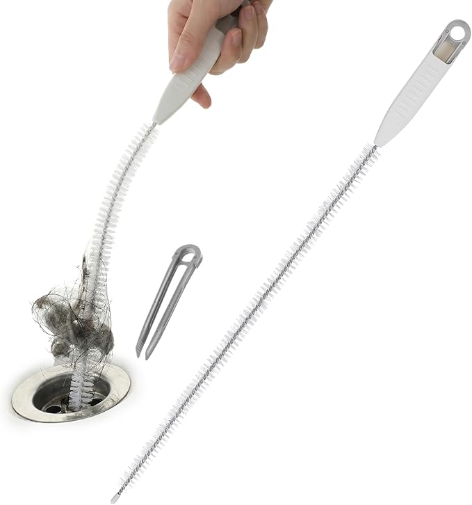 Snake Drain Hair Removal Tool, 26" Drain Brush Pipe Cleaning with Hair Catcher & Forceps, Heavy-Duty Sewer Snake Tool for Clog Removal