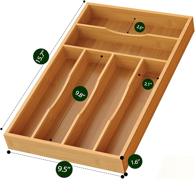 Bamboo Silverware Organizer, 15.8"x9.5"x1.6"