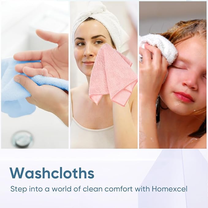 HOMEXCEL Microfiber Washcloths 24 Pack, Highly Absorbent and Soft Face Towel, Multi-Purpose Wash Cloths for Bathroom, Hotel, Spa, Gym, and Kitchen, 12x12 Inch