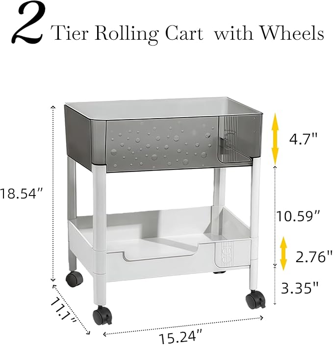 2 Tier Rolling Cart with Wheels for Under Desk Storage, Heavy Duty Plastic Short Small Utility Cart for Small Space Bathroom Vanity Makeup Organizer Pantry, 4.7'' Deep Baskets for Tall Bottles