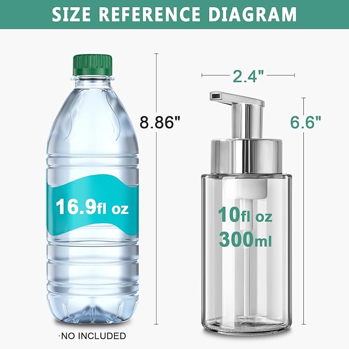 RYTOXILO Glass Soap Dispenser, 10 oz/300ml Foaming Soap Dispenser, 2 Pack Foaming Hand Dispenser with 2 Non-Slip Silicone Bottom Sleeve, Clear Refillable Foam Soap Bottle with Silver Pump