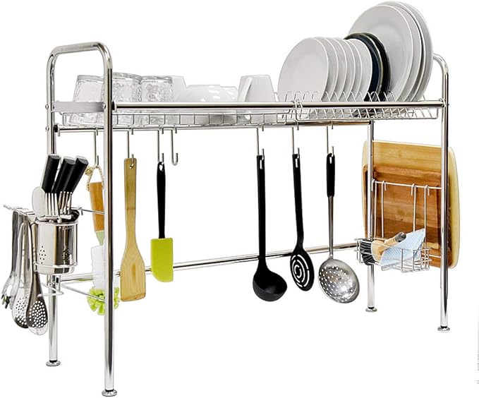 Single Layer Dish Drying Rack with Holders and Organizers - 304 Stainless Steel, Over Sink Kitchen Rack