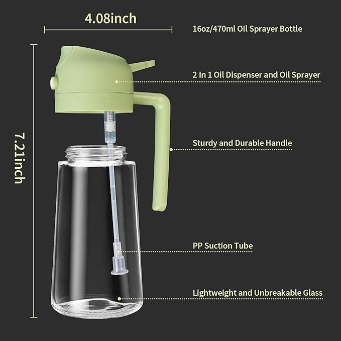 Oil Sprayer for Cooking – 16oz Glass Bottle with Fine Mist Nozzle – Ideal for Olive Oil, Air Fryers, Salads, Grilling, and Baking (Green)