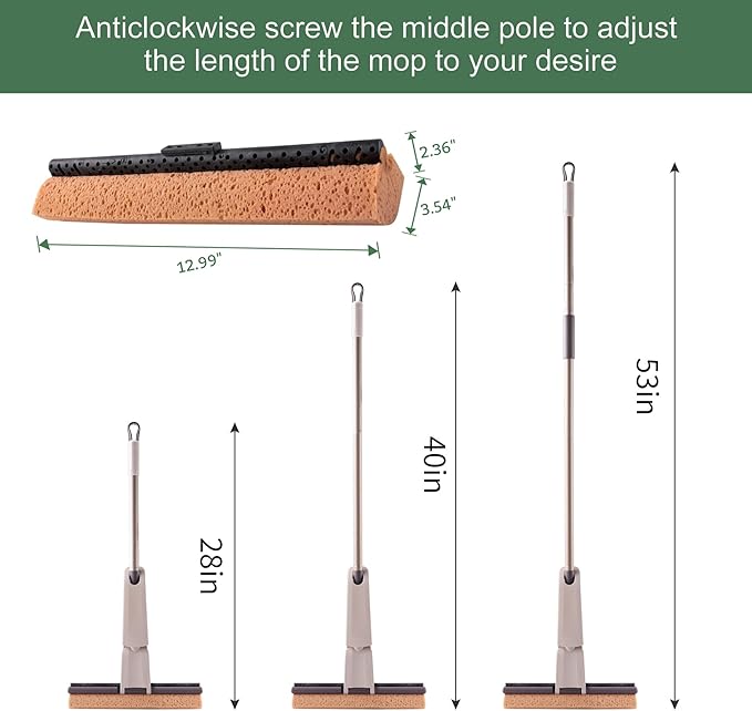 Eyliden Sponge Mop with 2 Reusable Heads | Self-Wringing Floor Mop with Absorbent Honeycomb Sponge | Kitchen Bathroom Hardwood Laminate Tile Marble Floors Cleaning for Home and Commercial Use