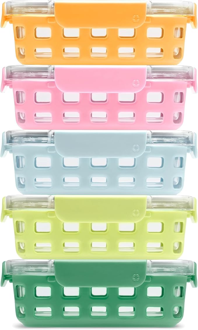 Ello Duraglass 3.4 Cup Meal Prep Sets 10Pc, 5 Pack Set- Glass Food Storage Container with Silicone Sleeve and Airtight BPA-Free Plastic Lids