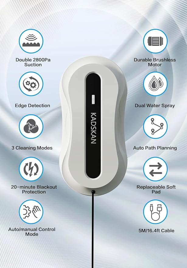 Window Cleaning Robot, Automatic Window Cleaner with Water Spray for Windows/Tiles/Class Door, Inside/Outside, 5600Pa Suction Power, 3.0 Path Planning