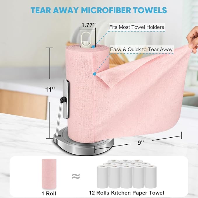 AIDEA Microfiber Cleaning Cloth 165 Sheets 3 Roll, Pink, Microfiber Towels for Cars, Shop Towels, Shop Rags Washable,Cleaning Rags Reusable Paper Towels for Automotive, Workshops, House,11×9"