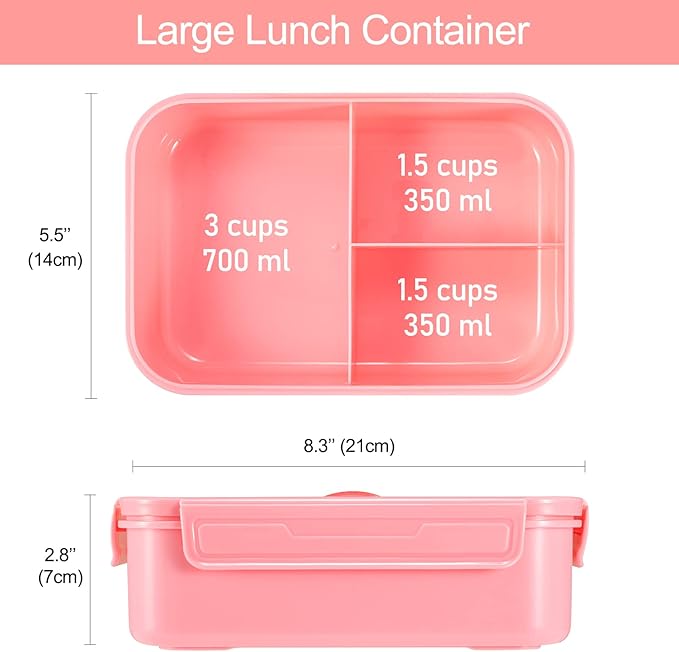 Caperci Classic Bento Box Adult Lunch Box for Older Kids - Leakpoof 47 oz 3-Compartment Lunch Containers for Adults and Teens, Built-in Utensil Set