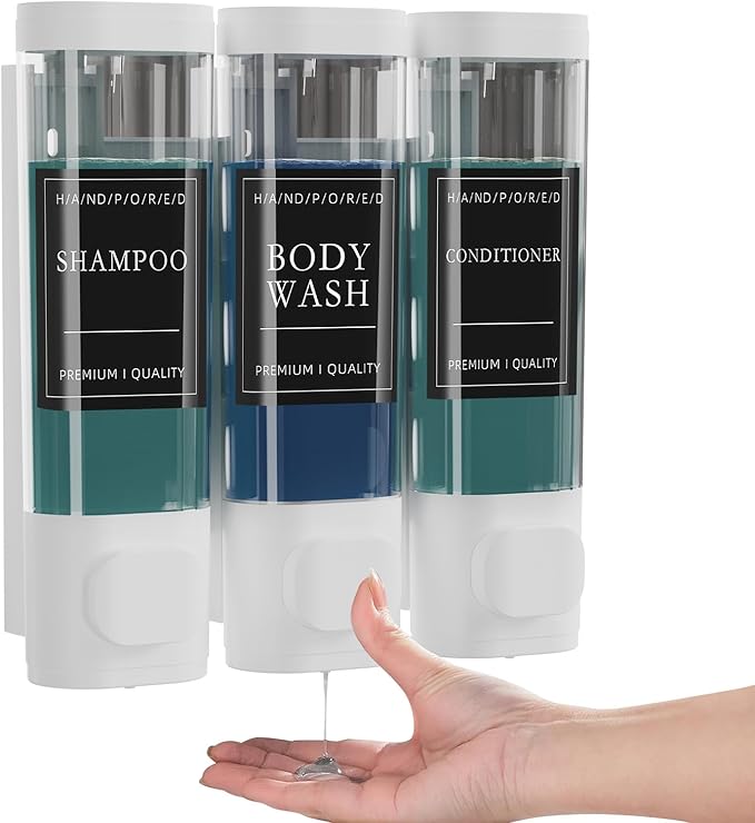 Shampoo and Conditioner Dispenser, Shower Shampoo Dispenser 3 Chamber No Drill, Shampoo and Conditioner Bottles for Bathroom Hotel Large Capacity(White)