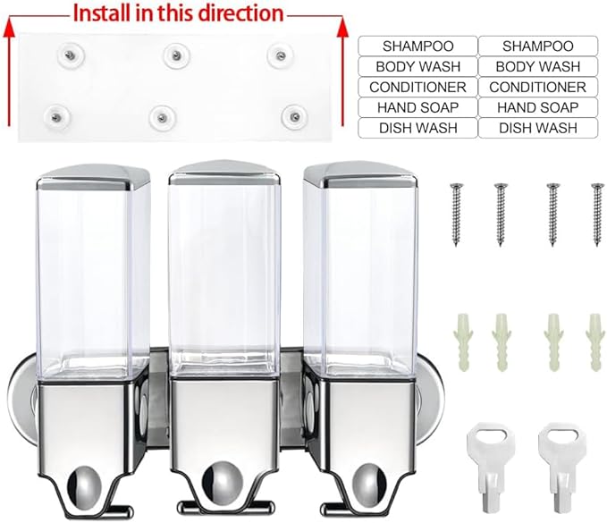 No-Drill 3 Pack 500ml Wall Mounted soap Dispenser for Bathroom and Kitchen, Shampoo and Conditioner Dispenser Drill Free with Adhesive (Clear-3)