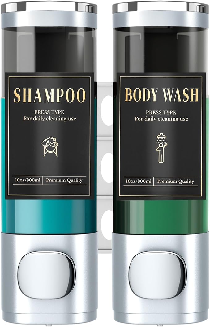 Luxspire Shampoo and Conditioner Dispenser, No Drill Wall Mounted Shower Soap Dispenser 2 Chamber with Waterproof Labels, Easy Refill Soap Dispenser for Bathroom Hotel Kitchen, Silver