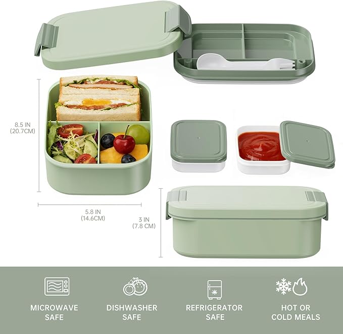 JBGOYON Bento Box and Lunch Bag Set, Leak-Proof Lunch Box for Adults and Kids with Built-in Utensils, Insulated for Work School Travel, Microwave & Dishwasher Safe, All-in-One (Light Green)