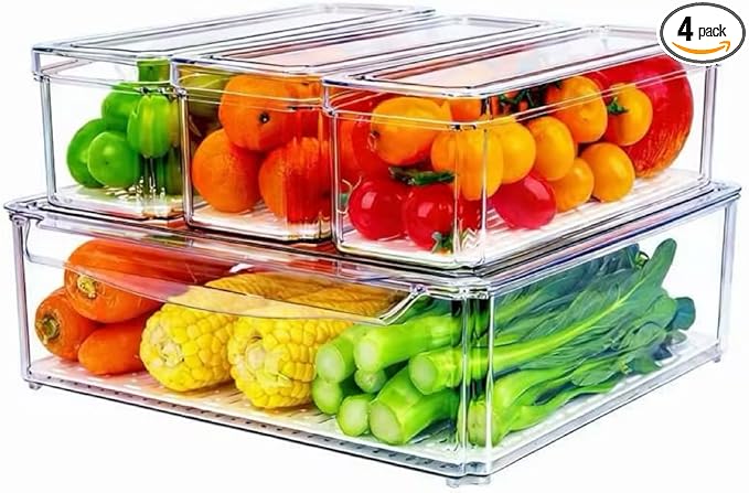 ZIJUND 4 Pack Fridge Organizer, Stackable Refrigerator Organizer Bins with Lids, BPA-Free Fridge Organizers and Storage Containers for Fruit