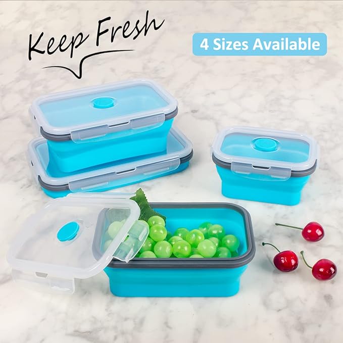 Collapsible Food Storage Containers with Airtight Lid & Air Vent, 4 Sizes, Kitchen Stacking Silicone Collapsible Meal Prep Container Set for Leftover, Microwave Freezer Dishwasher Safe, Blue, Set of 4