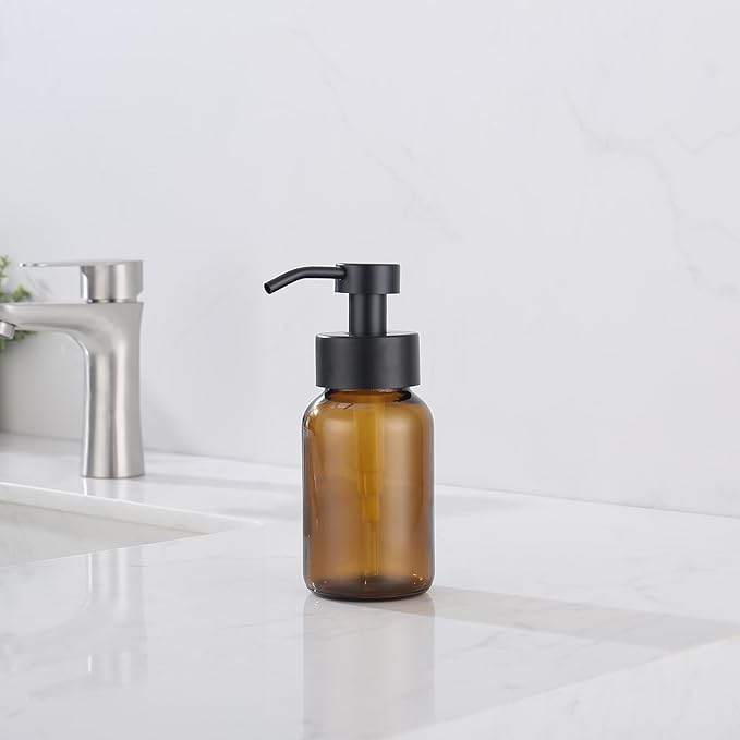 Glass Soap Dispenser, Soap Dispenser Drill Free Wall Mount, Thick Glass Amber Bottle Wall Mount, Round Bottles Dispenser with Rustproof Pump Black Pump Head