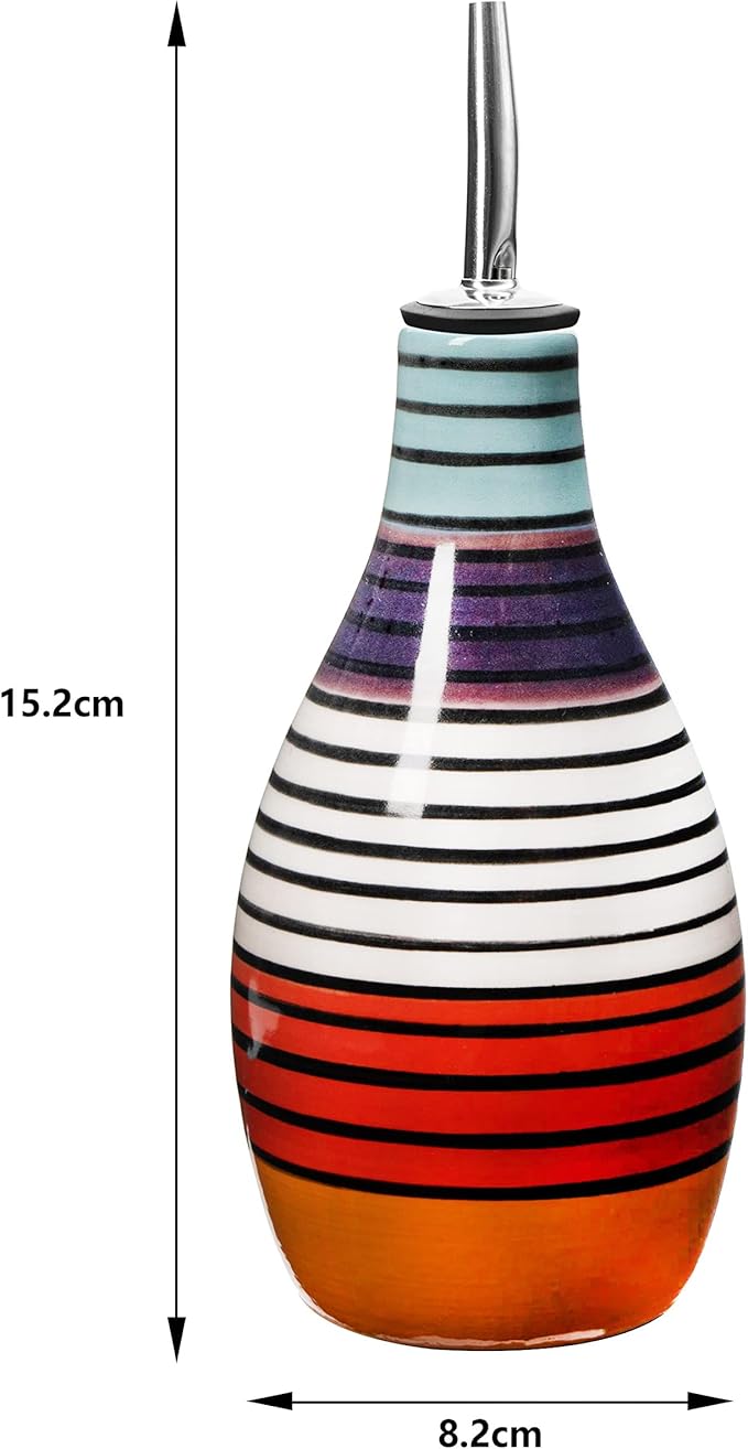 Ceramic Olive Oil Container, 400ml Capacity, Vinegar Dispenser With Pourer & Stopper, Stylish Kitchen Carafe Striped Design, 6" Height, 3" Width, Practical Seasoning Bottle, Elegant Tabletop Accessory