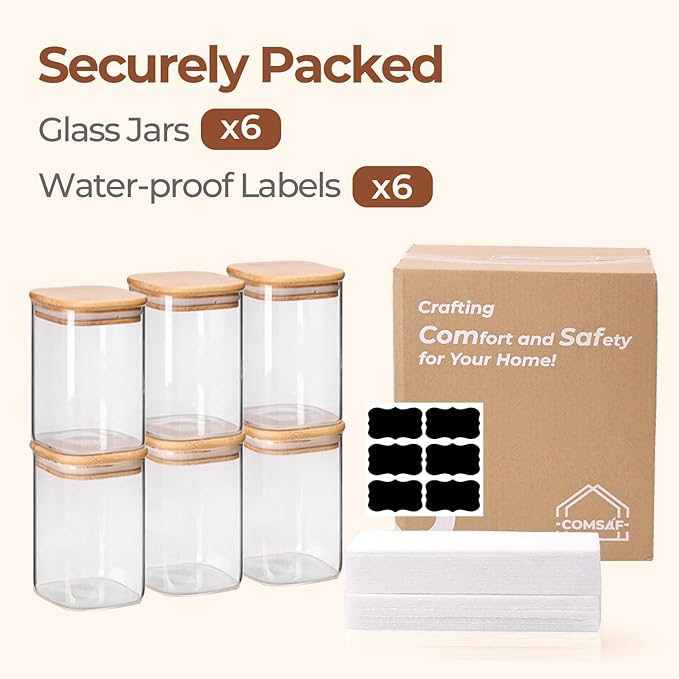 ComSaf 1.2 QT Glass Storage Containers with Lids, Glass Jars with Lids, Clear Food Jar, Square Canister Set of 6