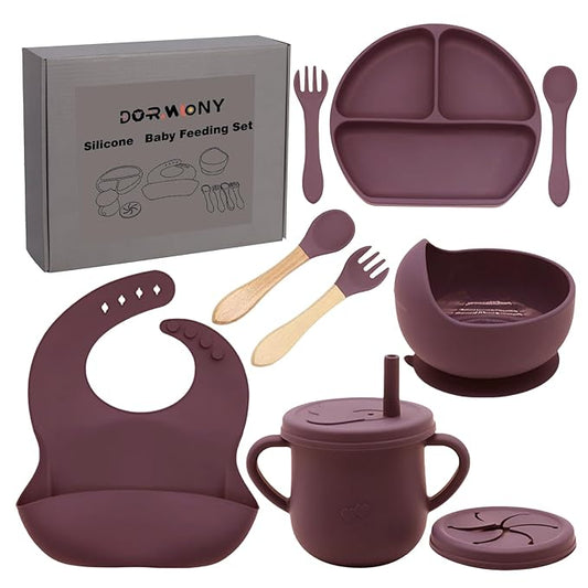100% Silicone Baby Feeding Set, BPA Free Dishes With Suction Bowl, Divided Plate, Toddler Self Feeding Utensils, Spoons, Forks, Sippy Cup and Bib (Dark Red)