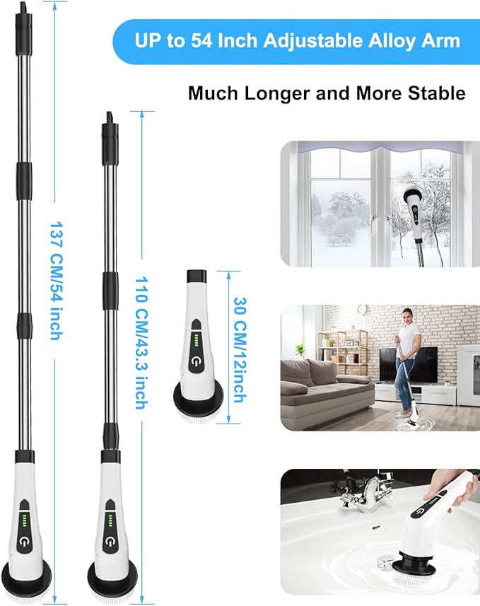 Leebein Electric Spin Scrubber, Cordless Cleaning Brush with 8 Replaceable Brush Heads, Tub and Floor Tile 360 Power Scrubber Dual Speed with Adjustable & Detachable Handle for Bathroom Kitchen Car