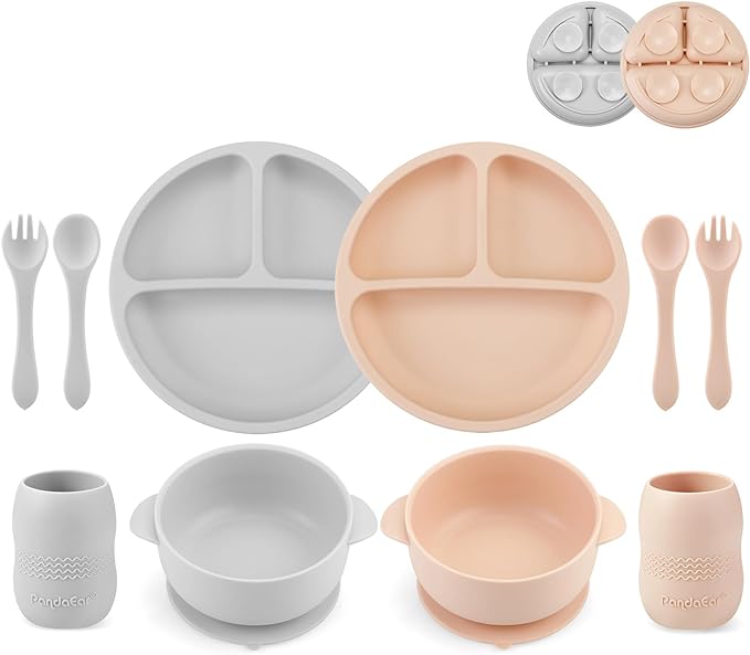 PandaEar Silicone Baby Feeding Set| 2 Divided Suction Plate + 2 Suction Bowl + 2 Tiny Cup with 2 Spoons| Baby Led Weaning Supplies Self Feeding Utensils (Pink Gray)