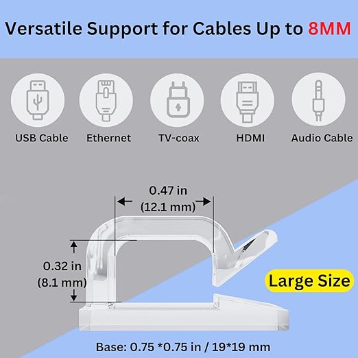 100 PCS 3/4” Adhesive Cable Wire Clips Clear, Cable Staples Outdoor Christmas Light Clips, Cable Management Under Desk Wire Organizer Cord Holder for Car, Wall, TV PC Ethernet