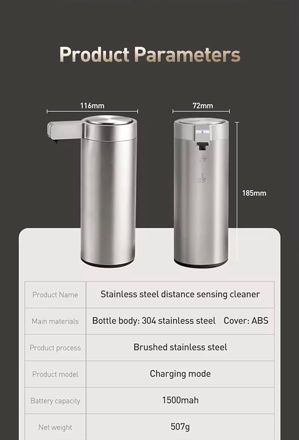9 oz. Automatic Soap Dispenser – Touchless Infrared Sensor, Stainless Steel, IPX5 Waterproof, USB-C Rechargeable, for Bathroom & Kitchen, Hands-Free Soap Dispenser (Brushed Silver)