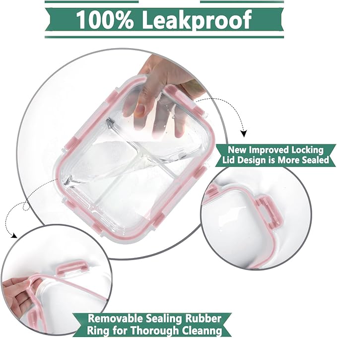HOMBERKING 8 Pack Glass Meal Prep Containers 3 Compartment, 36oz Glass Food Storage Containers with Lids, Airtight Glass Lunch Bento Boxes