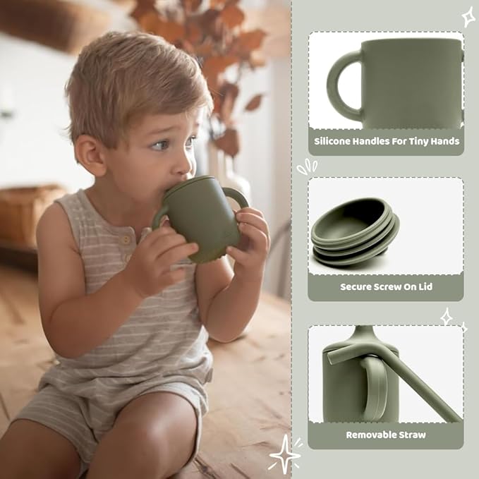 6-Piece Silicone Baby Feeding Set Non-Slip Suction Plate, Bowl, Spoon, Fork, Cup, Bib. BPA-Free, Dishwasher & Microwave Safe for Babies & Toddlers