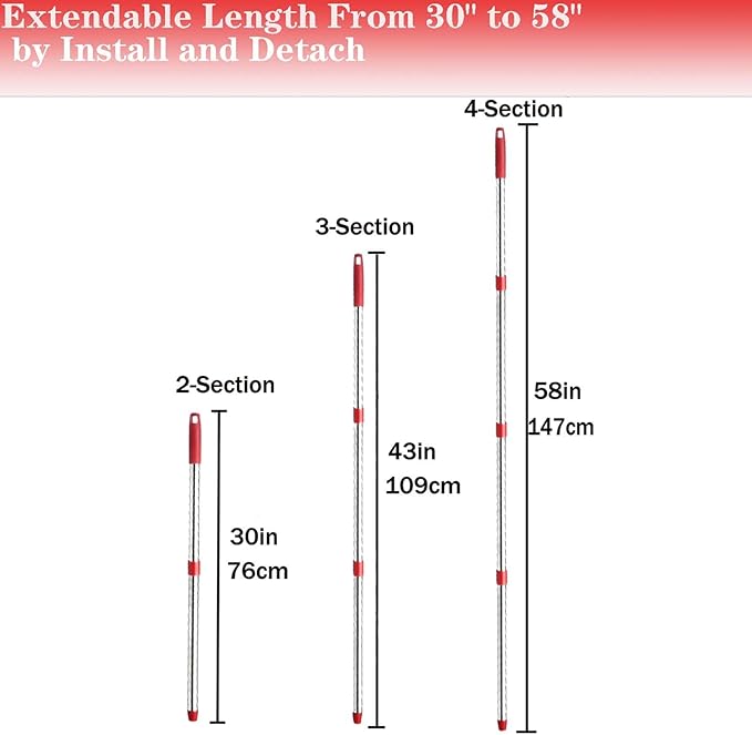Spin Mop Replacement Handle, 4-Section 30-to-58 inch Mop Replacement Stick Compatible with Ocedar Mop Handle for Easy Wring Mop Refills, Germany Screw Joint(Mop Head&Base not Include)
