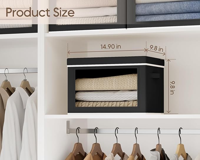 Homsorout Collapsible Storage Bins with Lids - Stackable Storage Containers with Window, 3 Pack Fabric Bins for Closet, Home & Office Organization Baskets, Black, 14.9" x 9.8" x 9.8"