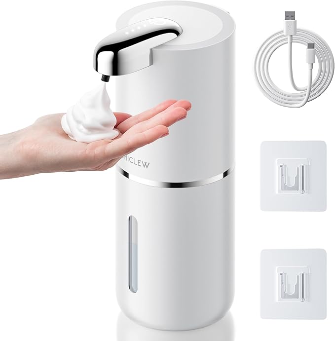 CHICLEW Automatic Foam Soap Dispenser 400ML, Rechargeable Liquid Hand Soap Dispensers Touchless with 4 Adjustable Levels, Motion Sensor Waterproof Wall Mount Foaming Soap Dispenser for Bathroom