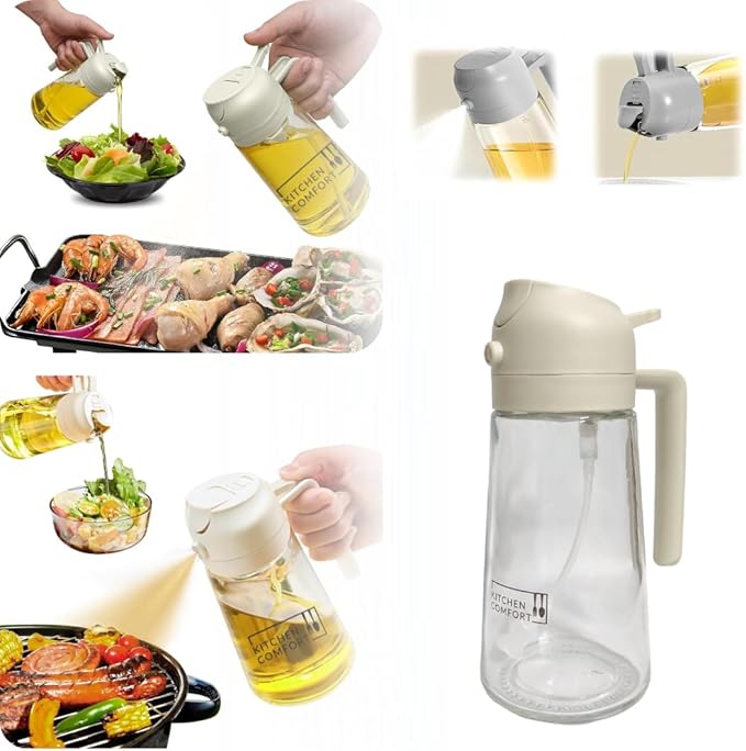 2 in 1 Oil Sprayer & Dispenser - 16oz/470ml Glass Bottle - Air Fryer, Frying, Baking, Olive Oil - Off White