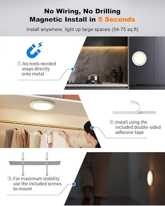 Wireless Motion Sensor Ceiling Light, 7.5" Ultra-Thin 8000mAh Rechargeable, 450 LM, 5 Color Temps, Dimmable with Timer & Remote, Magnetic/Screw Mount for Closet, Hallway, Pantry, 1-Pack