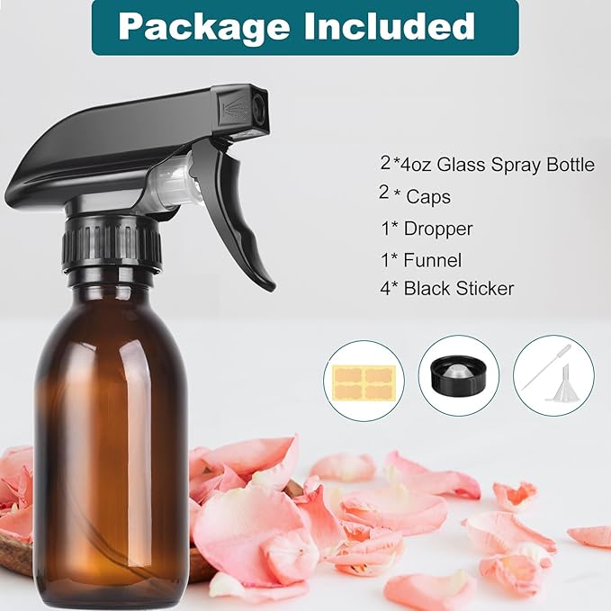 4 oz Amber Glass Spray Bottles - 2 Pack Empty Refillable Bottle for Cleaning Solutions,Hair Care,Essential Oils, Plants - Durable Nozzle,with Labels &Funnel, Dropper