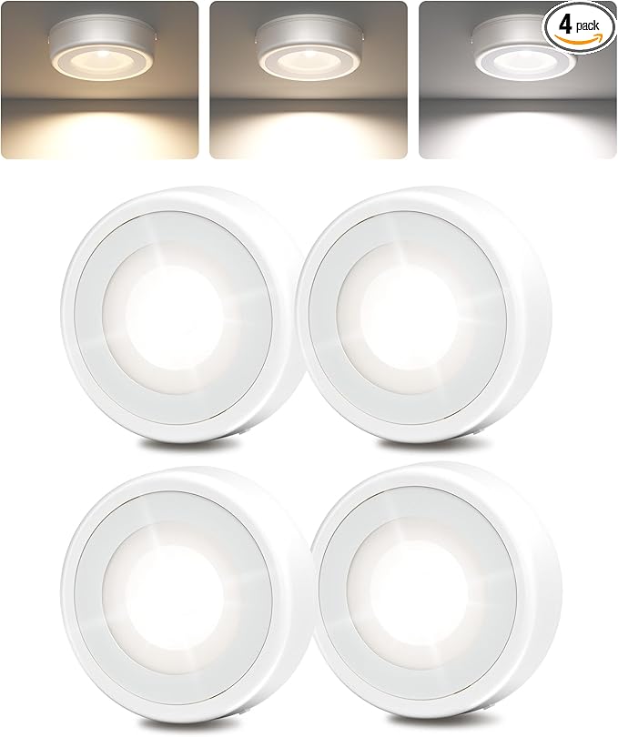 EZVALO LED Puck Lights, 50Lumens, Touch Light, 2.5'' Mini Tap Light, Rechargeable Stick On Tap Lamp, 3 Color Temps, Under Cabinet Lights Wireless, Ideal for Kitchen,Closet,Pantry,Camper(4 Pack)