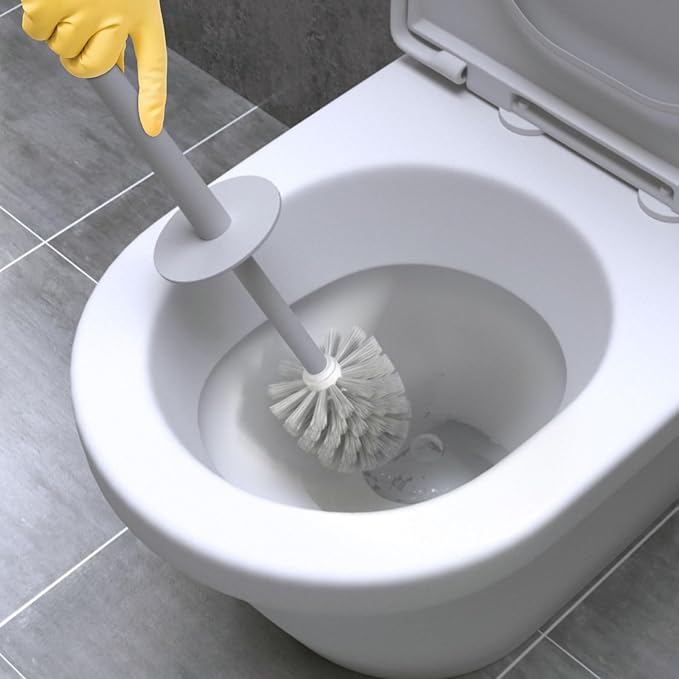 Topsky 2 Pack Compact Toilet Brush & Holder Set, Plastic Round Barrel Loo Brush with 2 Replacement Toilet Brush Head, Durable for Bathroom Toilet, Gray