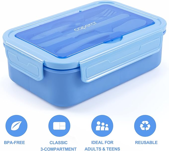 Caperci Classic Bento Lunch Box for Adult & Older Kids - Leakpoof 47 oz 3-Compartment Lunch Containers for Adults and Teens, Built-in Utensil Set