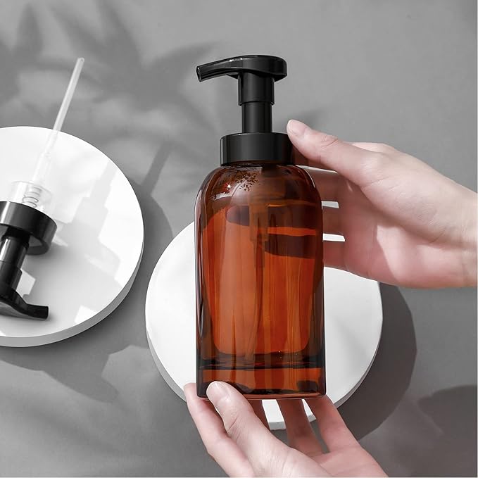 Foaming Hand Soap Dispenser Glass Jar Foam Dish Soap Dispenser for Bathroom and Kitchen Sink, Liquid Pump Bottle for Shampoo, Body Wash, Amber, 2 Pack