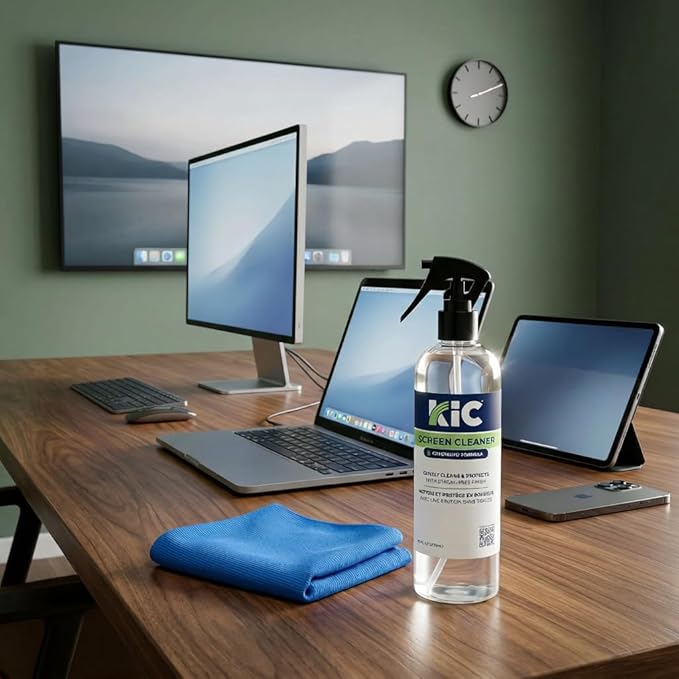 KIC CrystalVu Screen Cleaner Spray Kit with Microfiber Cleaning Cloth – Streak-Free for TV, Phone, Laptop, Monitor & Tablet