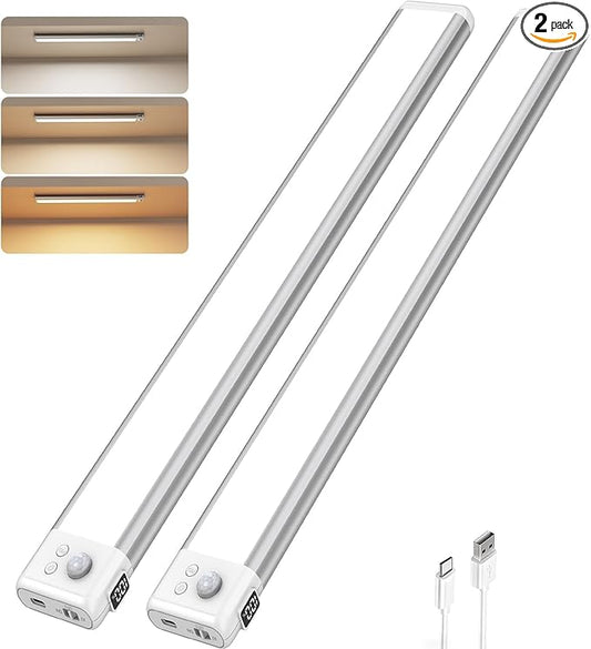 SyouHome 15.7inch Under Cabinet Lighting Rechargeable, 100 LED Super Bright, Motion Sensor, 3 Color Temps & Dimmable, Long Lasting Wireless Magnetic Closet Light for Kitchen, Pantry, Stairs (2 Pack)