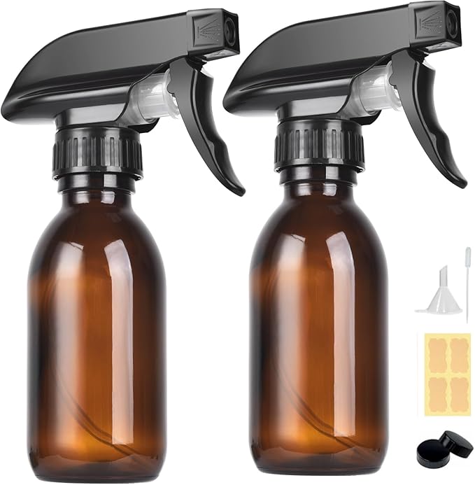 4 oz Amber Glass Spray Bottles - 2 Pack Empty Refillable Bottle for Cleaning Solutions,Hair Care,Essential Oils, Plants - Durable Nozzle,with Labels &Funnel, Dropper