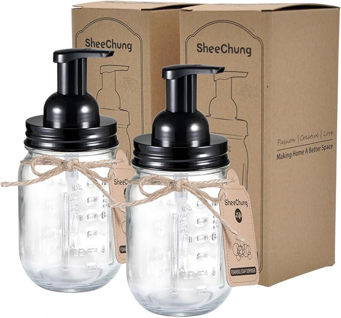 SheeChung Mason Jar Foaming Soap Dispenser-Rustproof Stainless Steel Lid & Foaming Soap Pump, Refill Foam Hand Soap Dispenser Glass for Bathroom Kitchen Vanities, Countertops-Black (2 pk)