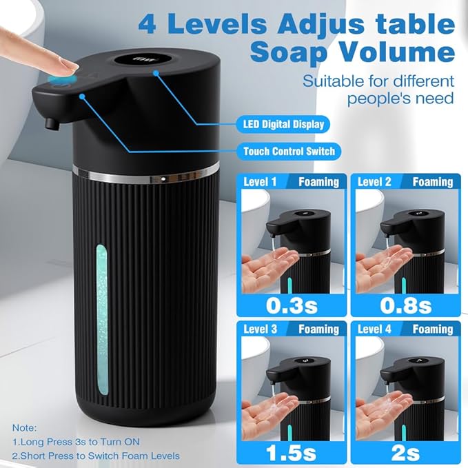 Touchless Automatic Soap Dispenser for Kitchen and Bathroom, Liquid Hand Soap Dispenser, Water-Resistant and Rechargeable, 14.2oz/420ml ，Intelligent Digital Display，4-Level Adjustable,Modern